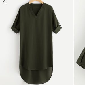 Drop shoulder roll tab sleeves dip hem dress